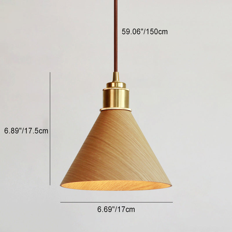 Modern Minimalist Solid Wood Cone Copper 1-Light Pendant Light For Living Room