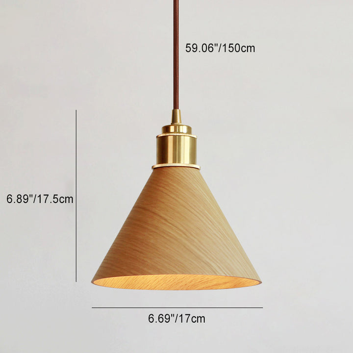 Modern Minimalist Solid Wood Cone Copper 1-Light Pendant Light For Living Room