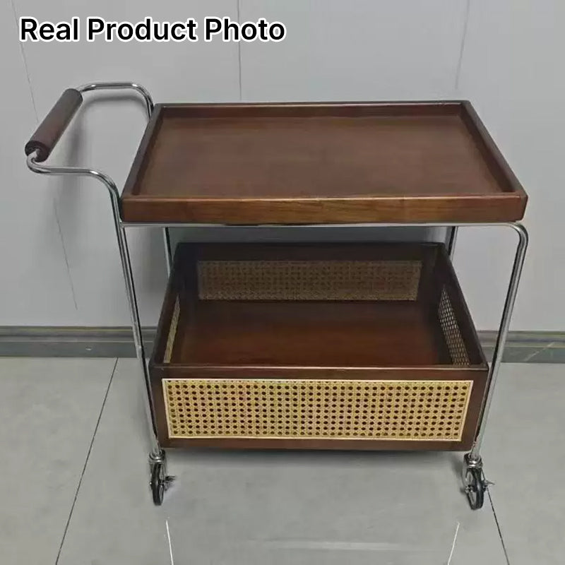 Mesa Auxiliar de Acero Inoxidable con Forma de Carro Japonés Tradicional de Madera Maciza y Ratán de 2 Niveles para Sala de Estar 