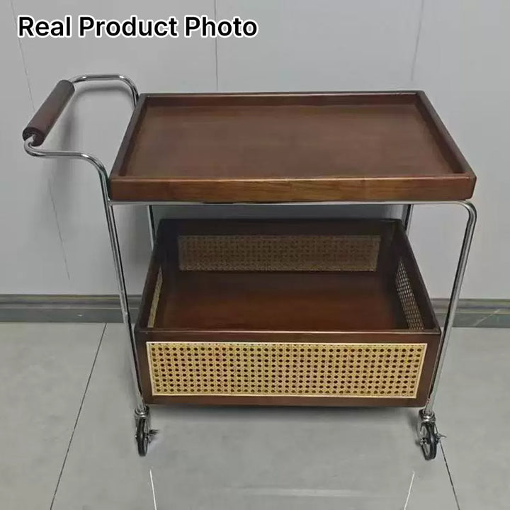 Mesa Auxiliar de Acero Inoxidable con Forma de Carro Japonés Tradicional de Madera Maciza y Ratán de 2 Niveles para Sala de Estar 