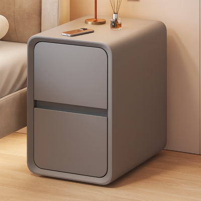 Moderner minimalistischer Nachttisch aus Mikrofaserleder, Massivholz und Metall mit abgerundeten Ecken und 2 Schubladen für das Schlafzimmer 