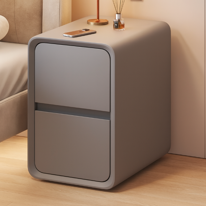 Moderner minimalistischer Nachttisch aus Mikrofaserleder, Massivholz und Metall mit abgerundeten Ecken und 2 Schubladen für das Schlafzimmer 