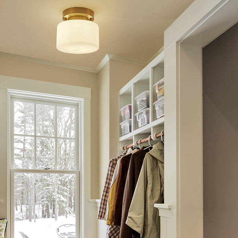 Modern Minimalist Drum Glass Copper 1-Light Semi-Flush Mount Ceiling Light for Living Room