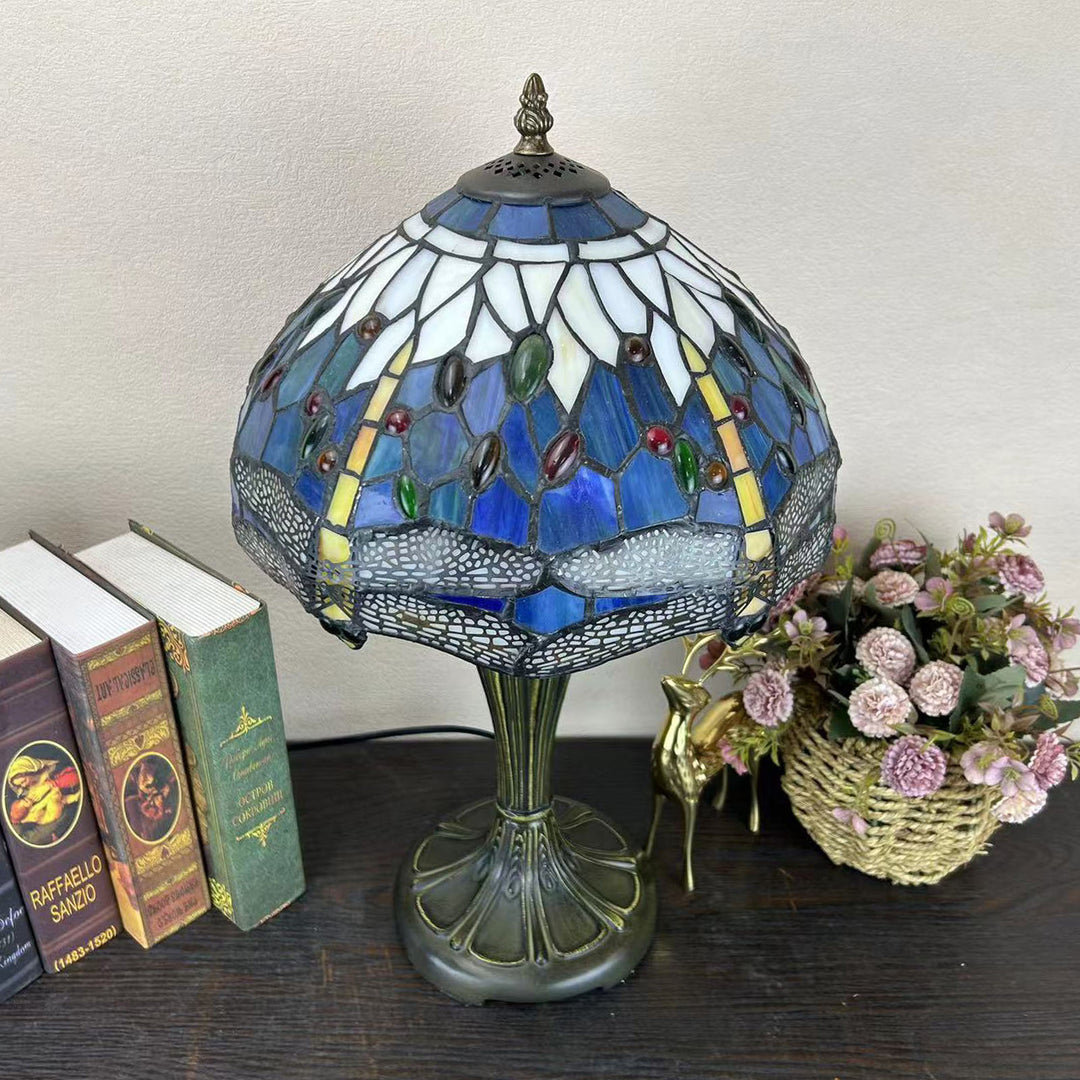 Lampe de table à 1 lumière avec dôme en verre métallique Tiffany traditionnel, motif raisin, fleur, libellule et papillon pour chevet 