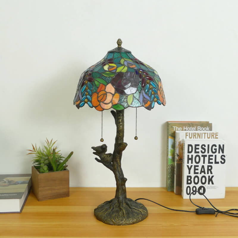Traditional Tiffany Dragonfly Flower Stained Glass Bird Base 2-Light Table Lamp For Bedroom