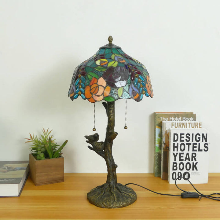 Traditional Tiffany Dragonfly Flower Stained Glass Bird Base 2-Light Table Lamp For Bedroom