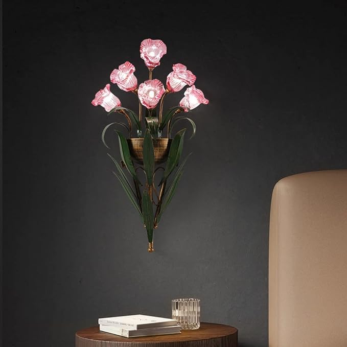 Zeitgenössische kreative Tulpen-Milchglas-Schirm-Eisen-Rahmen 6-Licht-Wandleuchte Lampe für Wohnzimmer 