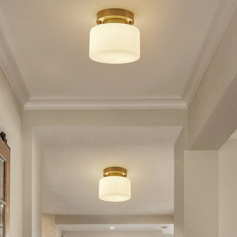Modern Minimalist Drum Glass Copper 1-Light Semi-Flush Mount Ceiling Light for Living Room