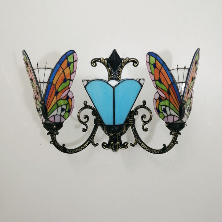 Traditional Tiffany European Butterfly Alloy Iron Glass 3-Light Wall Sconce Lamp For Hallway