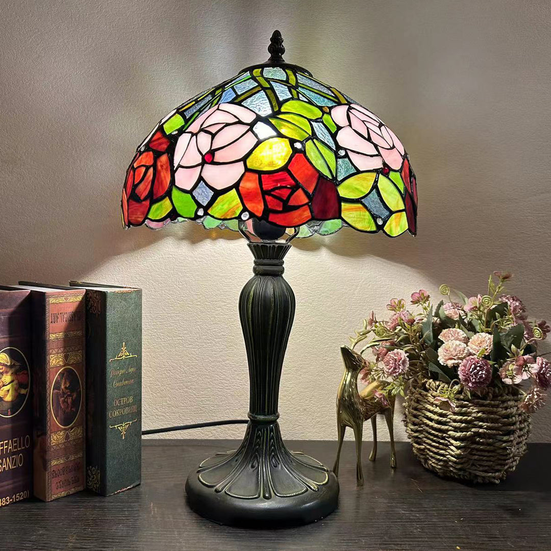 Lampe de table à 1 lumière en verre teinté alliage de fleurs en dôme rond traditionnel Tiffany pour salon 