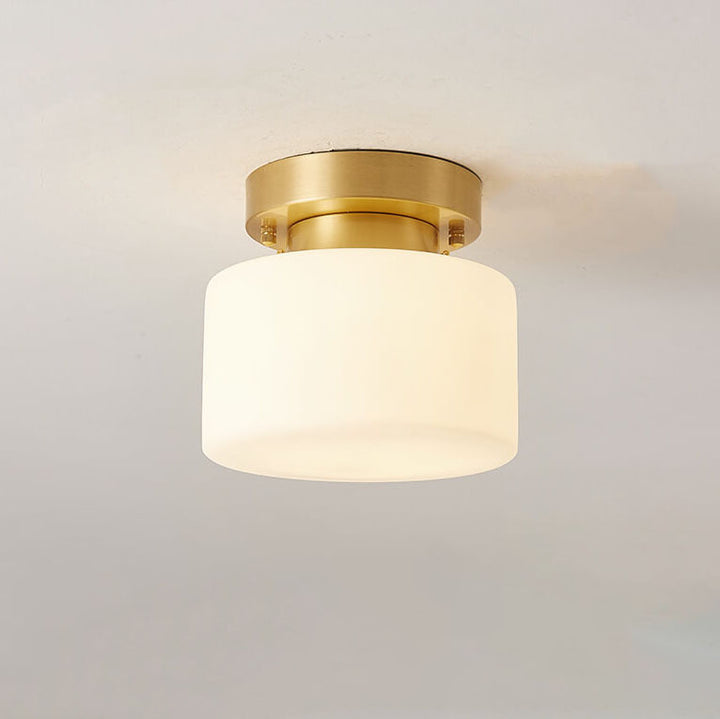 Modern Minimalist Drum Glass Copper 1-Light Semi-Flush Mount Ceiling Light for Living Room