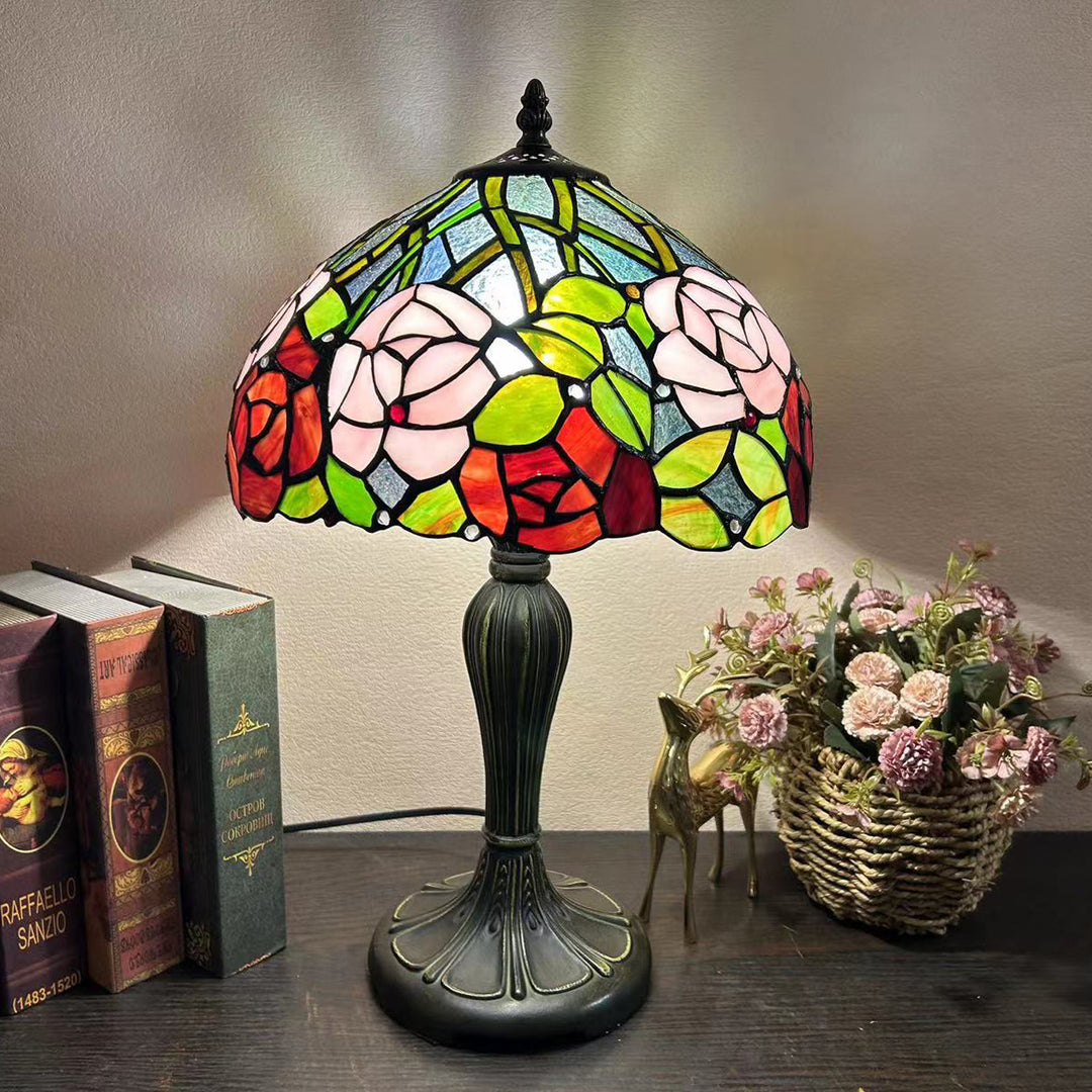 Lampe de table à 1 lumière en verre teinté alliage de fleurs en dôme rond traditionnel Tiffany pour salon 