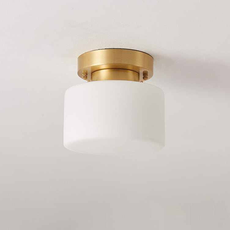 Modern Minimalist Drum Glass Copper 1-Light Semi-Flush Mount Ceiling Light for Living Room