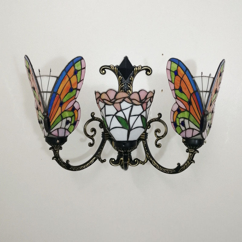 Traditional Tiffany European Butterfly Alloy Iron Glass 3-Light Wall Sconce Lamp For Hallway