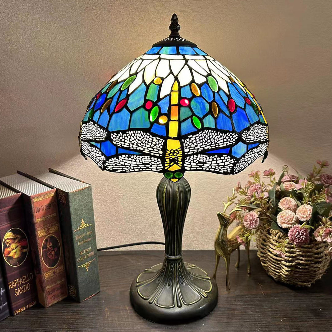 Lampe de table à 1 lumière avec dôme en verre métallique Tiffany traditionnel, motif raisin, fleur, libellule et papillon pour chevet 