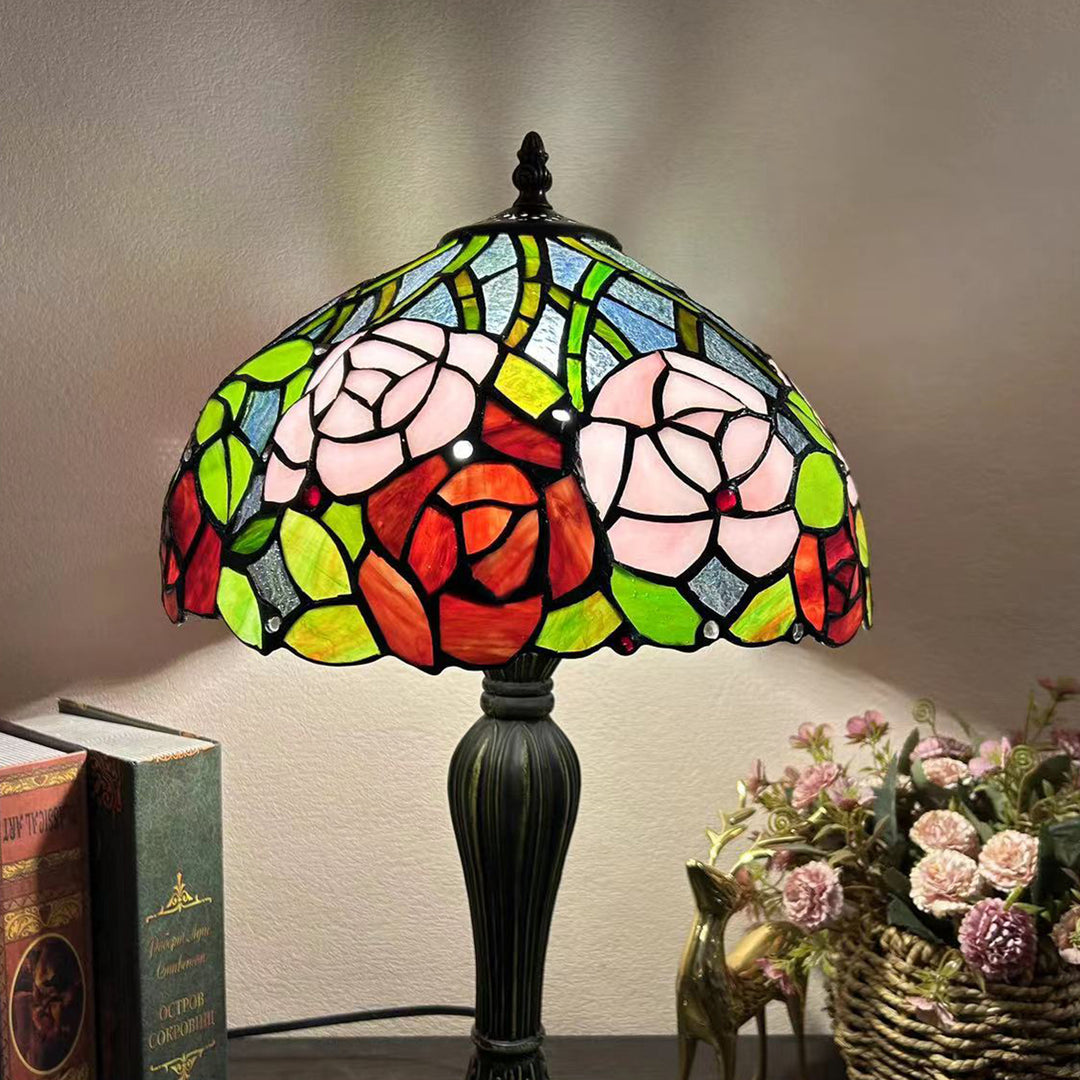 Lampe de table à 1 lumière en verre teinté alliage de fleurs en dôme rond traditionnel Tiffany pour salon 