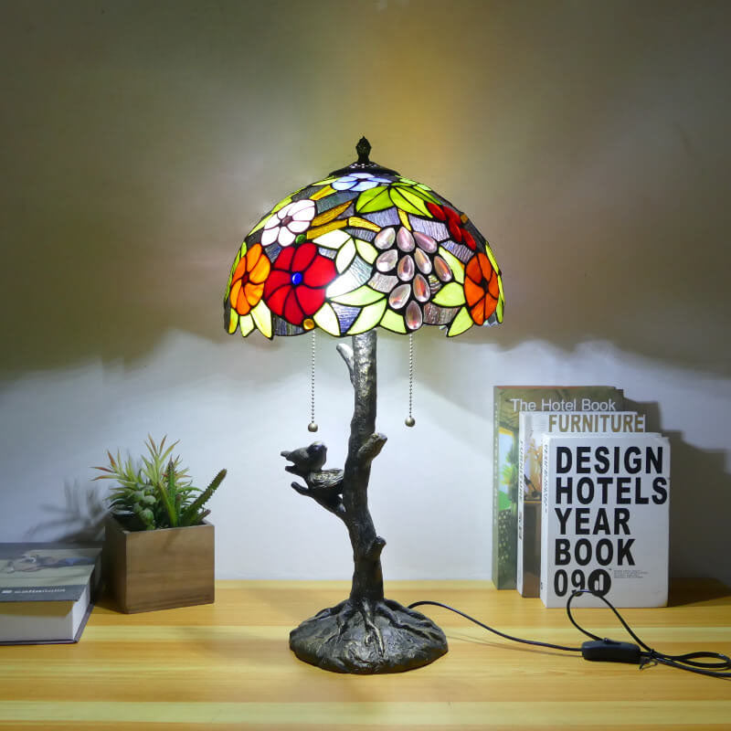 Traditional Tiffany Dragonfly Flower Stained Glass Bird Base 2-Light Table Lamp For Bedroom