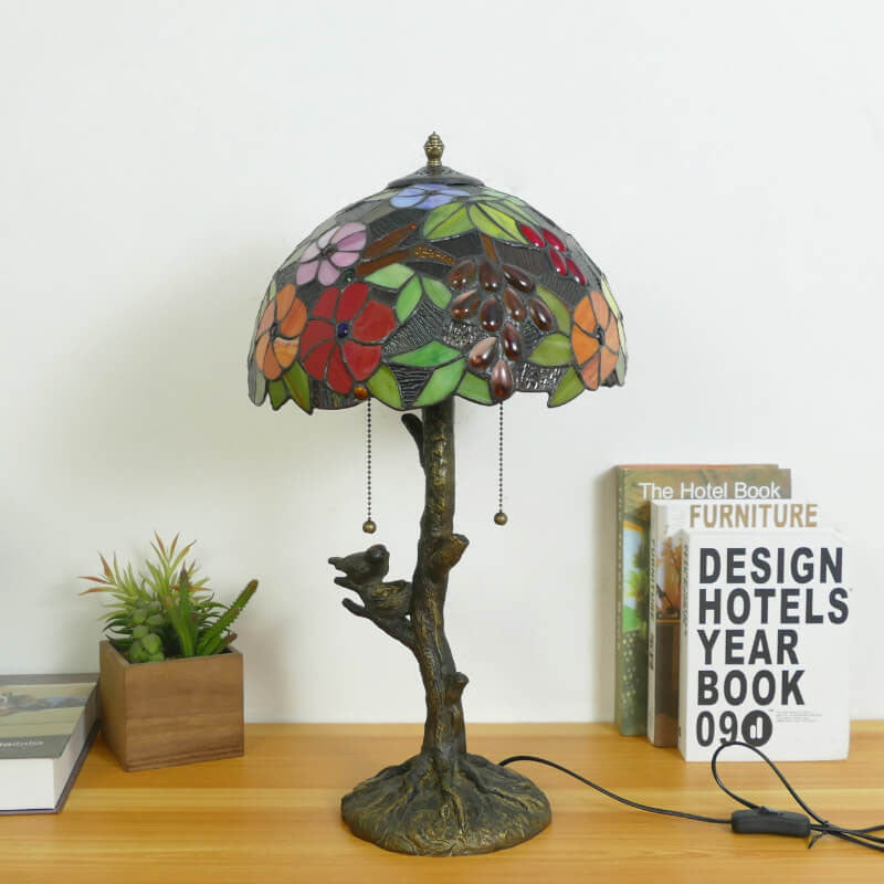 Traditional Tiffany Dragonfly Flower Stained Glass Bird Base 2-Light Table Lamp For Bedroom