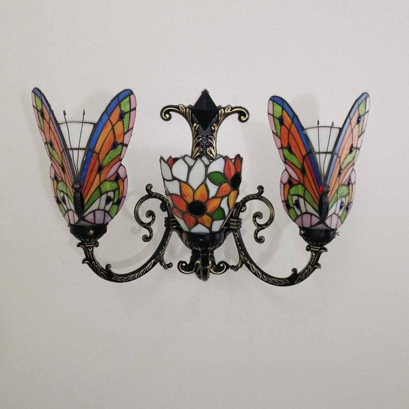 Traditional Tiffany European Butterfly Stained Glass 3-Light Wall Sconce Lamp For Hallway