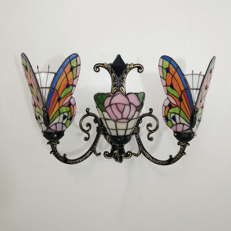 Traditional Tiffany European Butterfly Alloy Iron Glass 3-Light Wall Sconce Lamp For Hallway