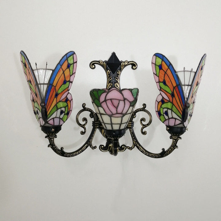 Traditional Tiffany European Butterfly Alloy Iron Glass 3-Light Wall Sconce Lamp For Hallway