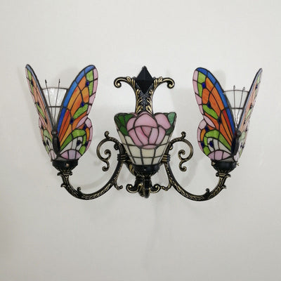 Traditional Tiffany European Butterfly Stained Glass 3-Light Wall Sconce Lamp For Hallway