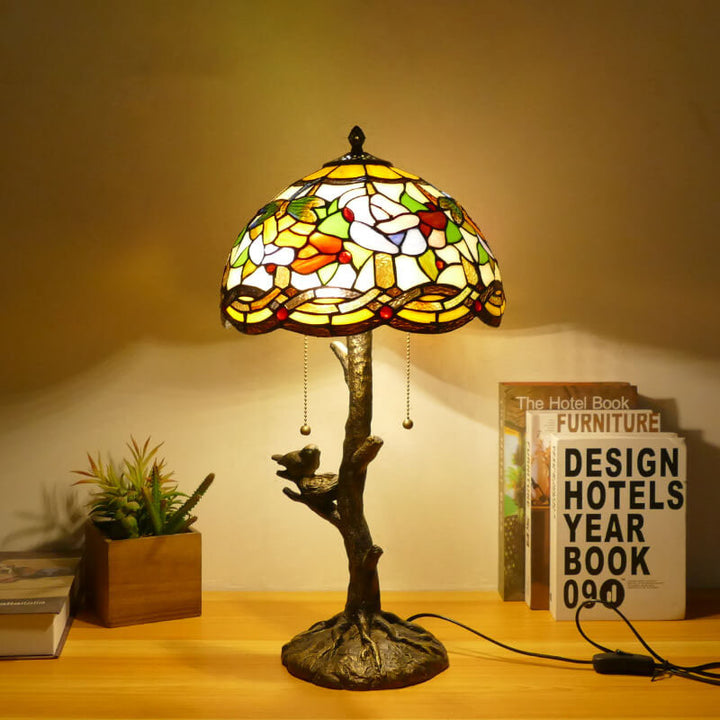 Traditional Tiffany Dragonfly Flower Stained Glass Bird Base 2-Light Table Lamp For Bedroom