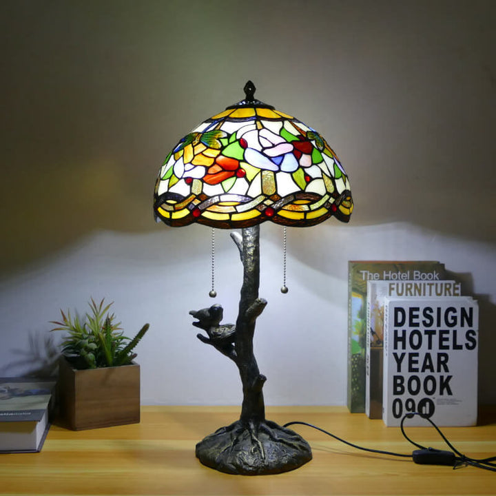 Traditional Tiffany Dragonfly Flower Stained Glass Bird Base 2-Light Table Lamp For Bedroom