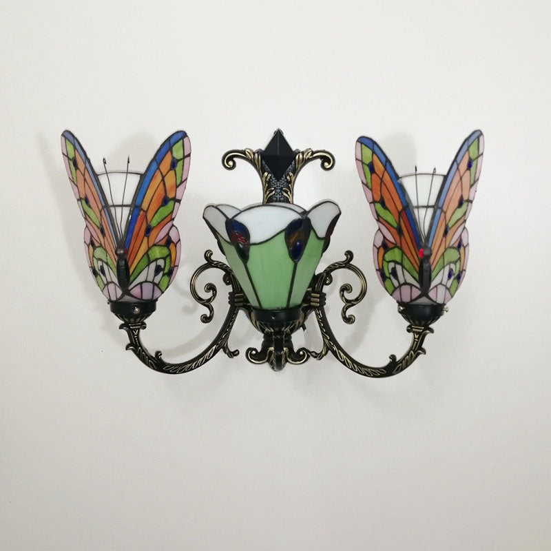 Traditional Tiffany European Butterfly Alloy Iron Glass 3-Light Wall Sconce Lamp For Hallway