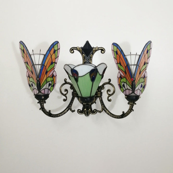 Traditional Tiffany European Butterfly Alloy Iron Glass 3-Light Wall Sconce Lamp For Hallway