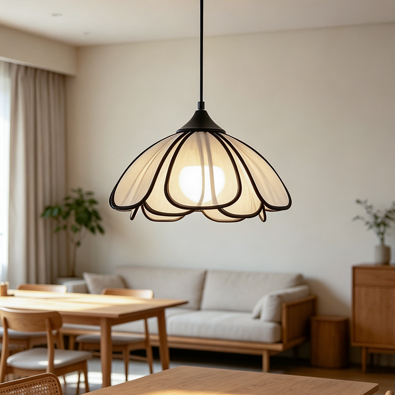 Suspension lumineuse à 1 lumière en fibre végétale avec pétales nordiques contemporains en fer pour salle à manger 