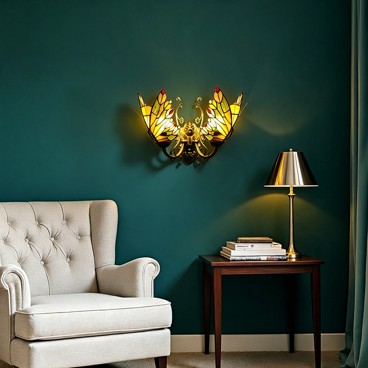 Traditional Tiffany Glass Iron Butterfly-shaped 2-Light Wall Sconce Lamp For Living Room &amp; Bedroom