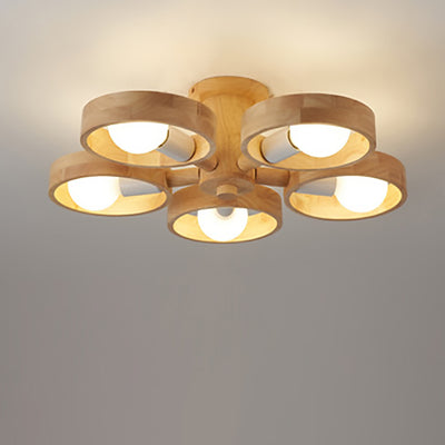 Plafonnier semi-encastré contemporain nordique rond en bois de caoutchouc avec 3/5 lumières pour salon 