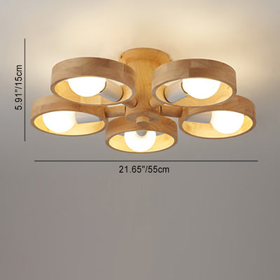 Plafonnier semi-encastré contemporain nordique rond en bois de caoutchouc avec 3/5 lumières pour salon 