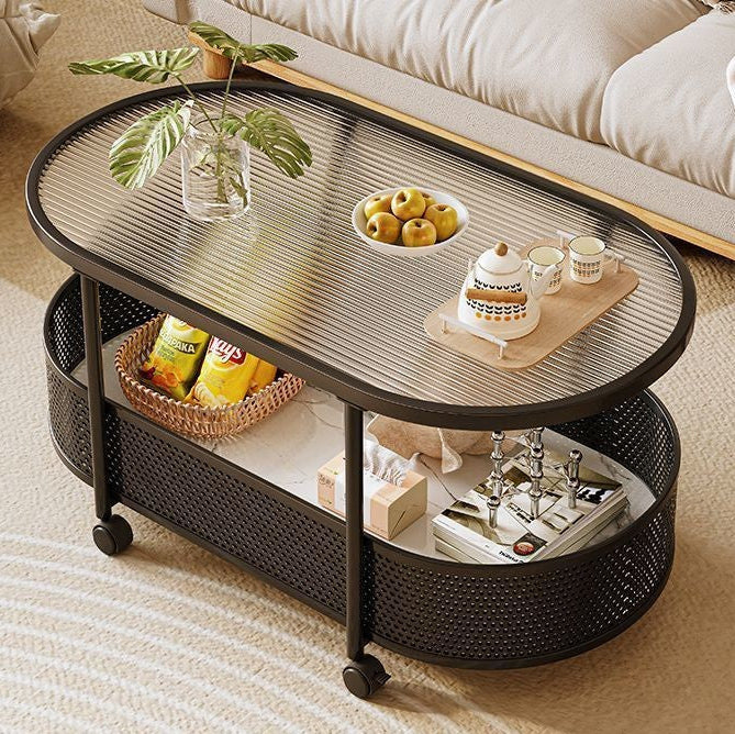 Modern Minimalist Rectangular Iron Plastic Tempered Glass Movable Coffee Table 2-Tier For Living Room