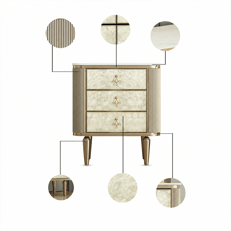 Modern Luxury Rectangular Sintered Stone Eco-board Birch Leg Nightstand 3-Drawer For Bedroom