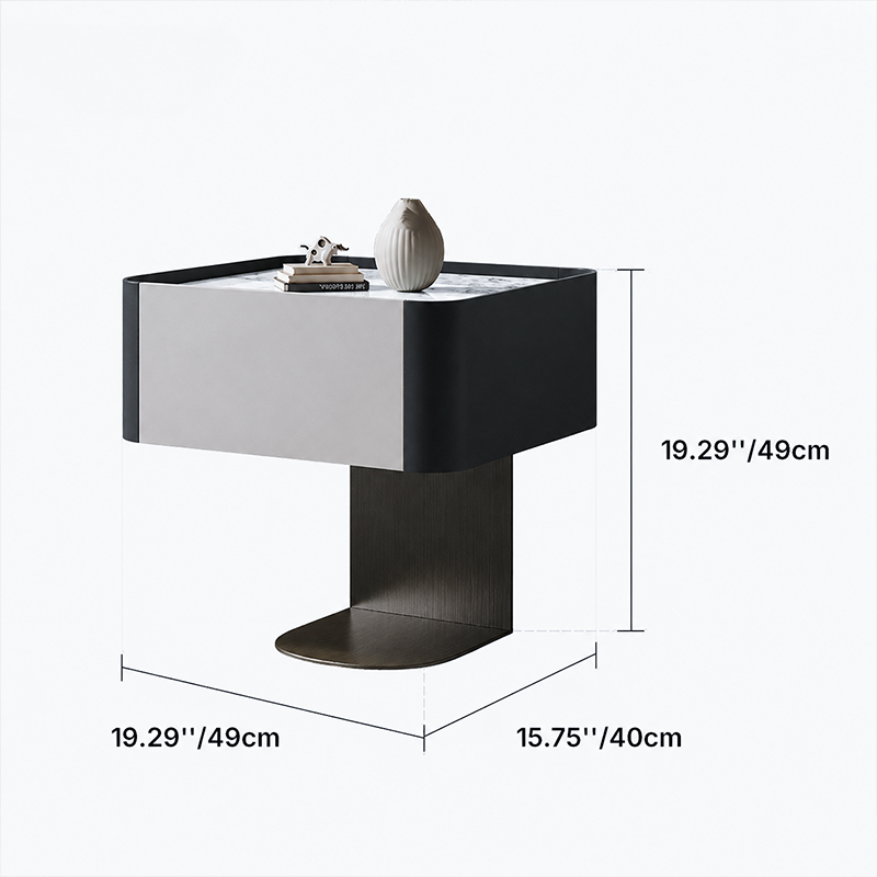 Table de nuit moderne de luxe avec dessus en pierre frittée carrée et placage en bois fumé 1 tiroir pour chambre 