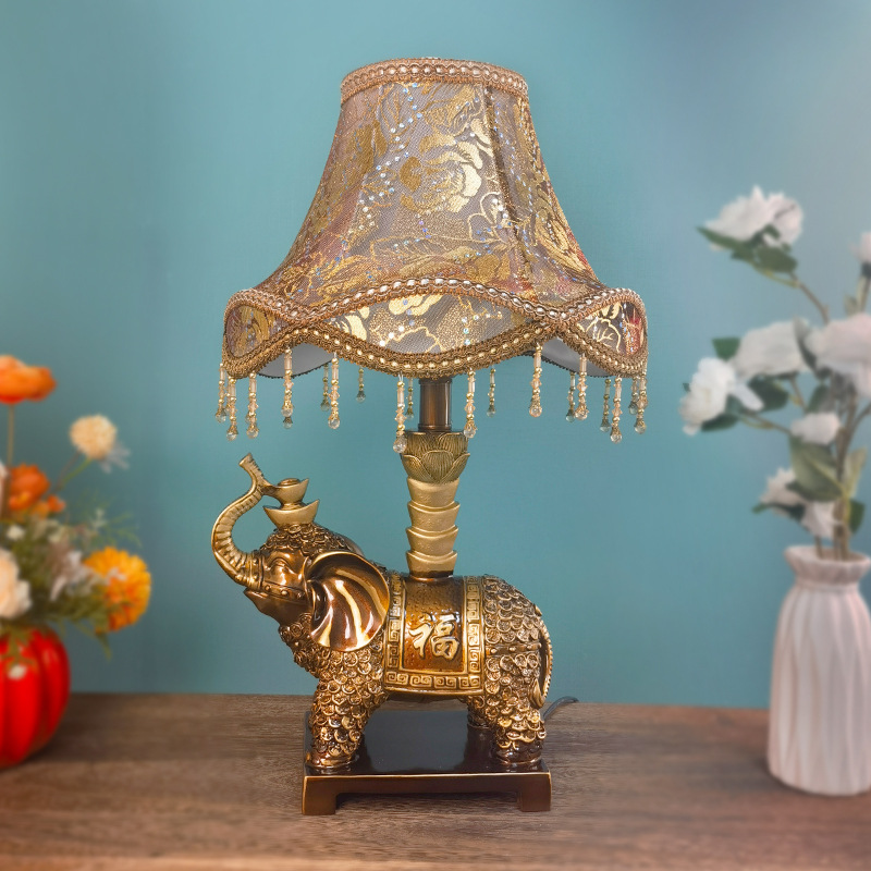 Traditionelle Vintage Elefant Runde Stoffharz 1-Licht Tischlampe Für Wohnzimmer 