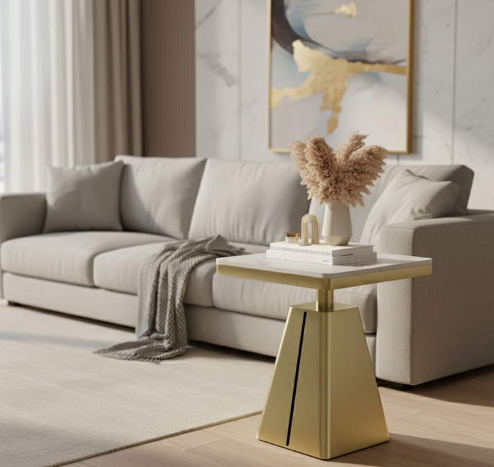 Contemporary Scandinavian Square Carbon Steel Sintered Stone Side Table For Living Room