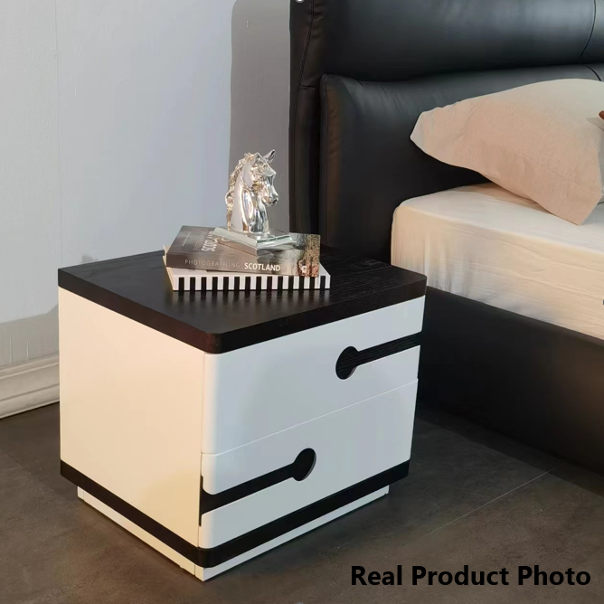 Contemporary Scandinavian Veneered Plywood Bedside Table - Two Drawer Walnut White Contrast Nightstand For Bedroom