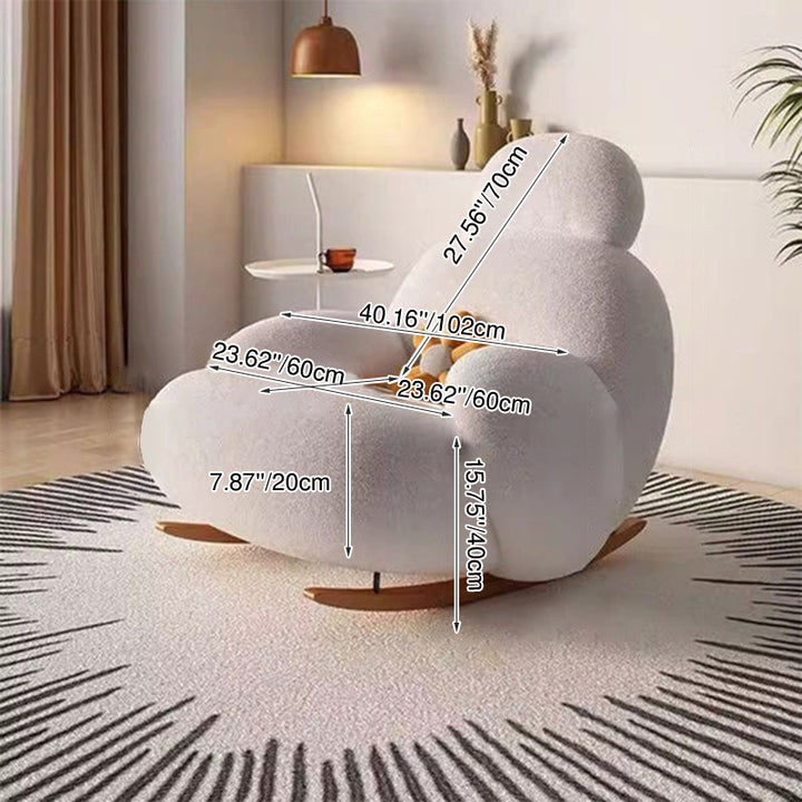 Silla mecedora de madera maciza con respaldo y apoyabrazos, tapizada en sherpa curvada de estilo minimalista moderno para sala de estar 