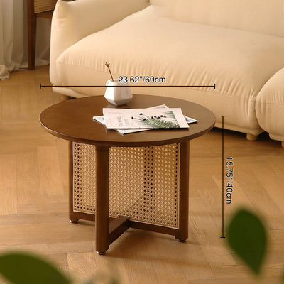 Traditional Japanese Round Rectangular Wicker-Woven Solid Wood Side Table 1-Tier For Living Room