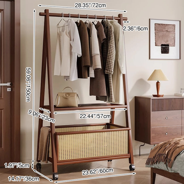 Contemporary Retro Trapezoidal Multifunctional Nan Bamboo Hall Tree Coat Rack With Wheels &amp; Plastic Rattan Laundry Basket For Entryway
