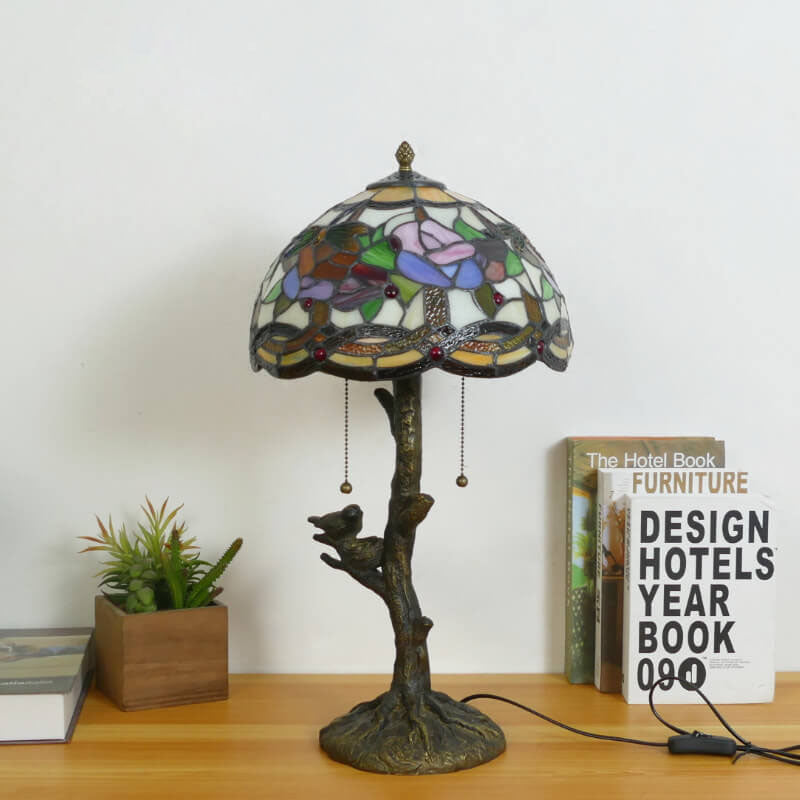 Traditional Tiffany Dragonfly Flower Stained Glass Bird Base 2-Light Table Lamp For Bedroom