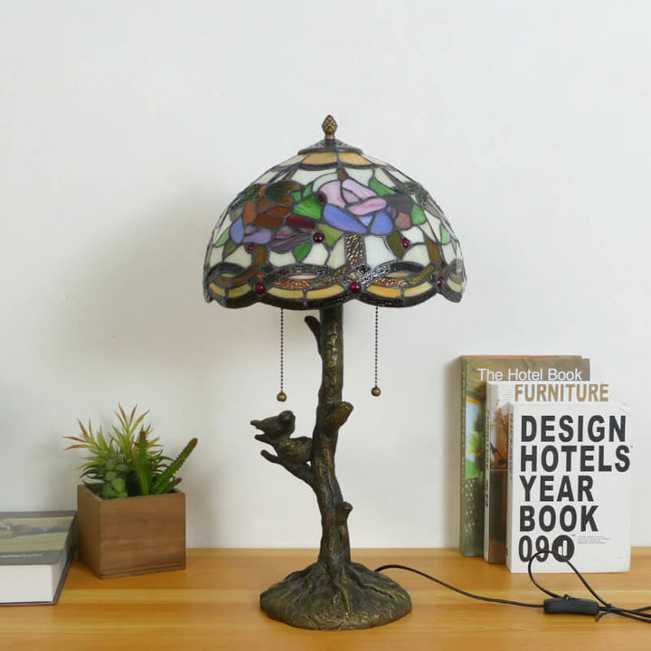 Traditional Tiffany Dragonfly Flower Stained Glass Bird Base 2-Light Table Lamp For Bedroom