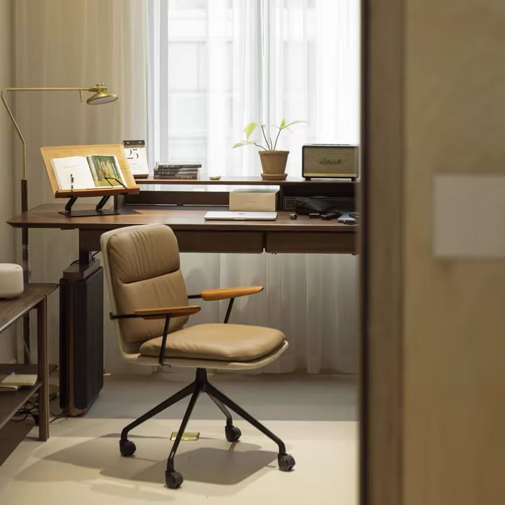 Silla de escritorio ergonómica de lujo moderno de cuero genuino, madera maciza y aleación de aluminio con giro y movilidad para oficina en casa y dormitorio 