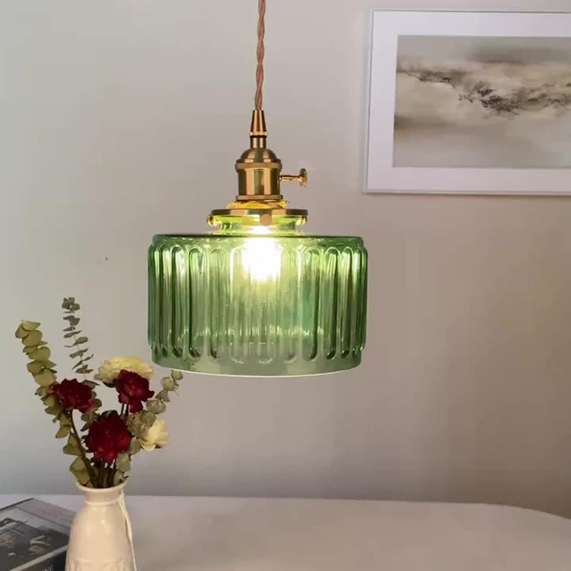 Suspension Luminaire à 1 Lumière pour Salon avec Abat-Jour Cylindrique en Verre Rainuré en Laiton Antique Traditionnel Vintage 