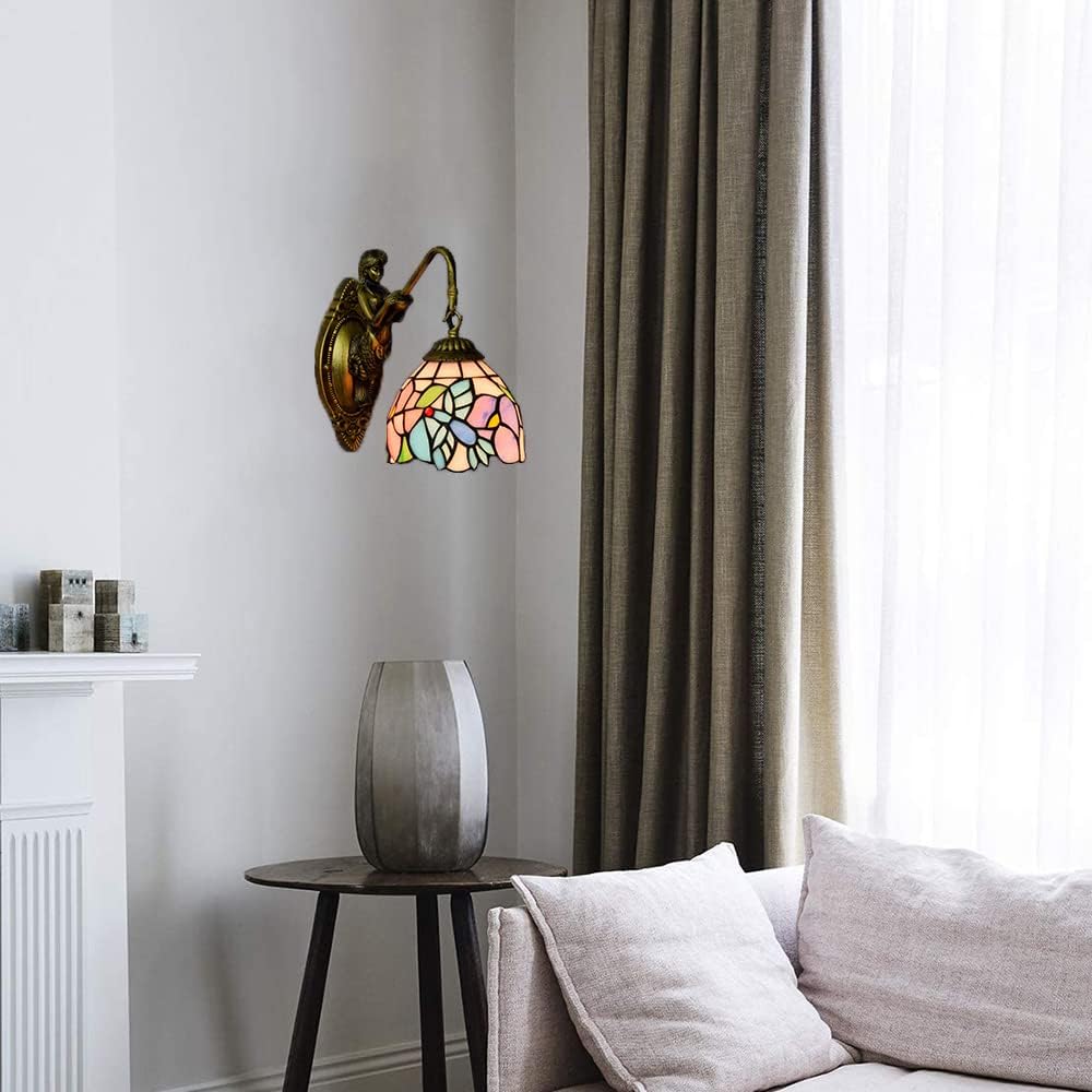 Lámpara de aplique de pared de 1 luz con brazo de lámpara de hardware sirena y pantalla floral de vidrio teñido tradicional de Tiffany para sala de estar 