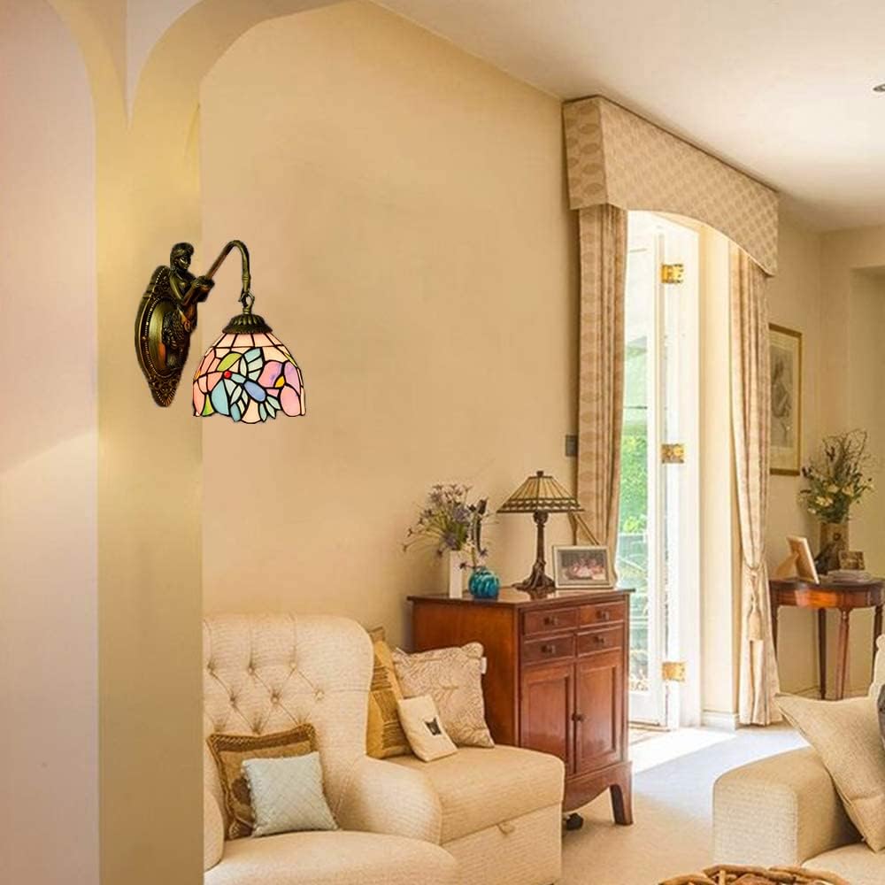 Lámpara de aplique de pared de 1 luz con brazo de lámpara de hardware sirena y pantalla floral de vidrio teñido tradicional de Tiffany para sala de estar 