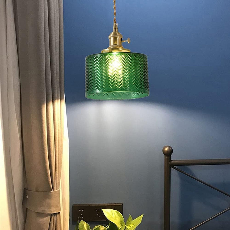 Suspension Luminaire à 1 Lumière pour Salon avec Abat-Jour Cylindrique en Verre Rainuré en Laiton Antique Traditionnel Vintage 